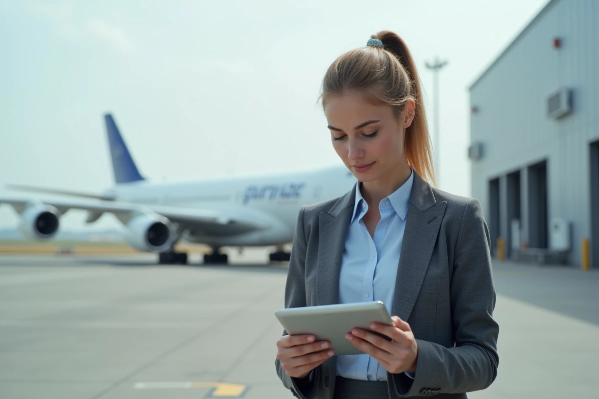 Jeune femme professionnelle devant un avion Airbus à l