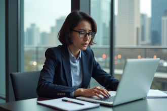 Femme d'affaires en bureau avec vue sur la ville