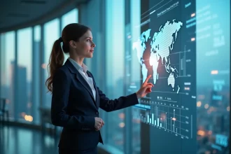 Femme d affaires étudie une carte digitale du monde économique