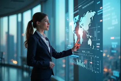 Femme d affaires étudie une carte digitale du monde économique