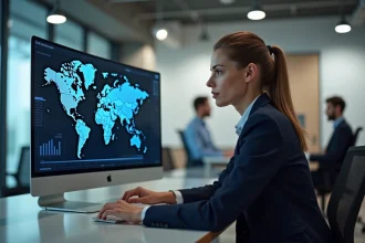 Femme d'affaires analysant une carte du monde avec GDP