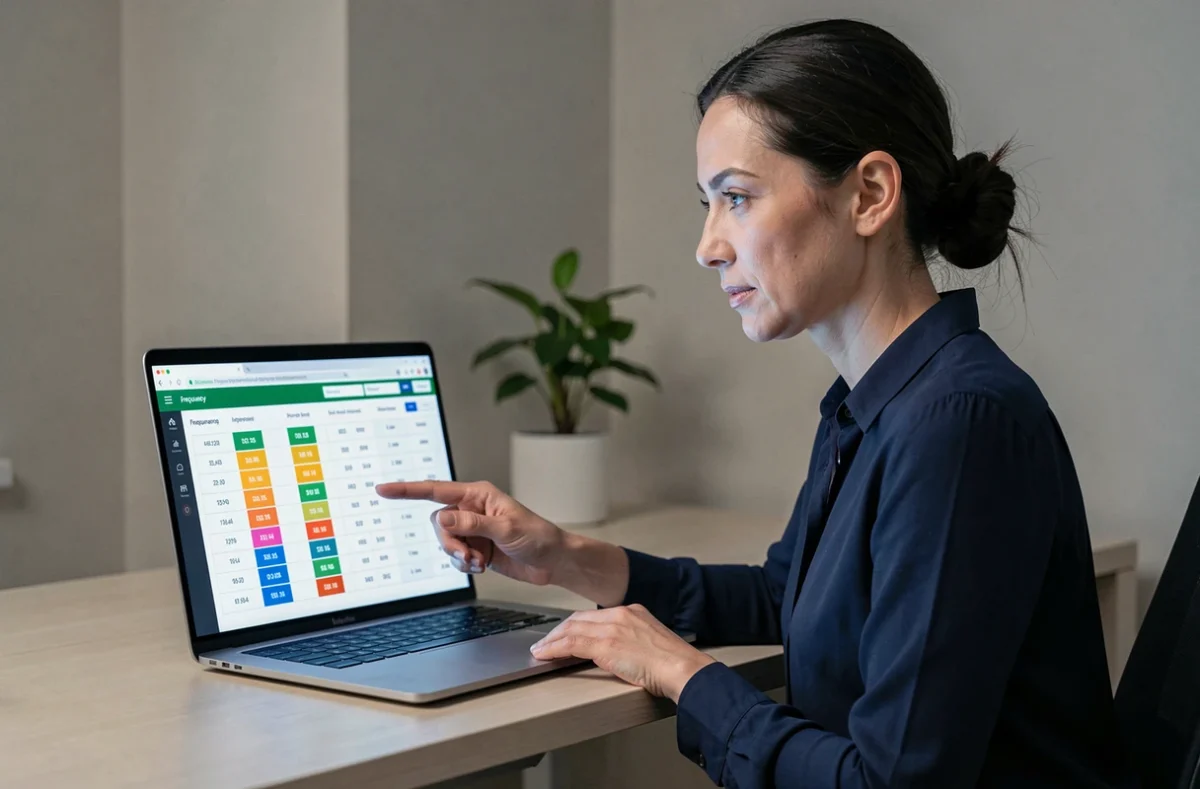Femme analysant un tableau de fréquences des numéros du tirage Euromillions sur un ordinateur portable dans un bureau moderne