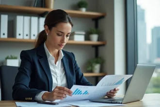 Femme professionnelle analysant des placements financiers sur un ordinateur portable dans un bureau moderne en 2026