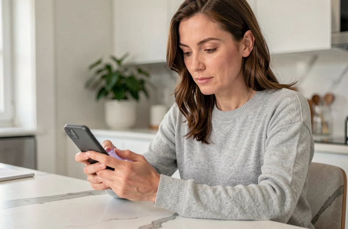 Femme consultant son application bancaire Nickel sur smartphone depuis sa cuisine pour gérer ses relevés et plafonds