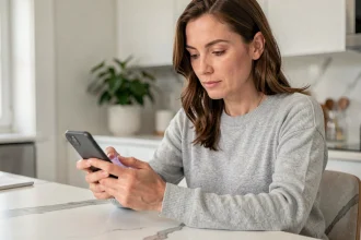 Femme consultant son application bancaire Nickel sur smartphone depuis sa cuisine pour gérer ses relevés et plafonds