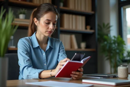 Jeune femme compare application bancaire et passbook