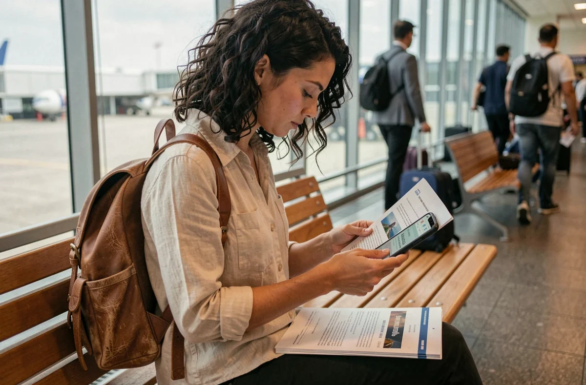Femme consultant des documents d'assurance voyage dans un terminal d'aéroport avant un tour du monde
