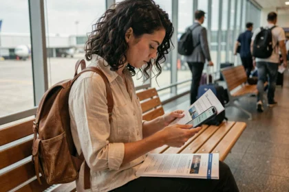 Femme consultant des documents d'assurance voyage dans un terminal d'aéroport avant un tour du monde