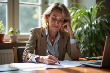 Femme d'âge moyen examinant des documents d'assurance dans un bureau lumineux