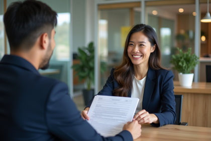 Femme en banque souriante remettant des papiers