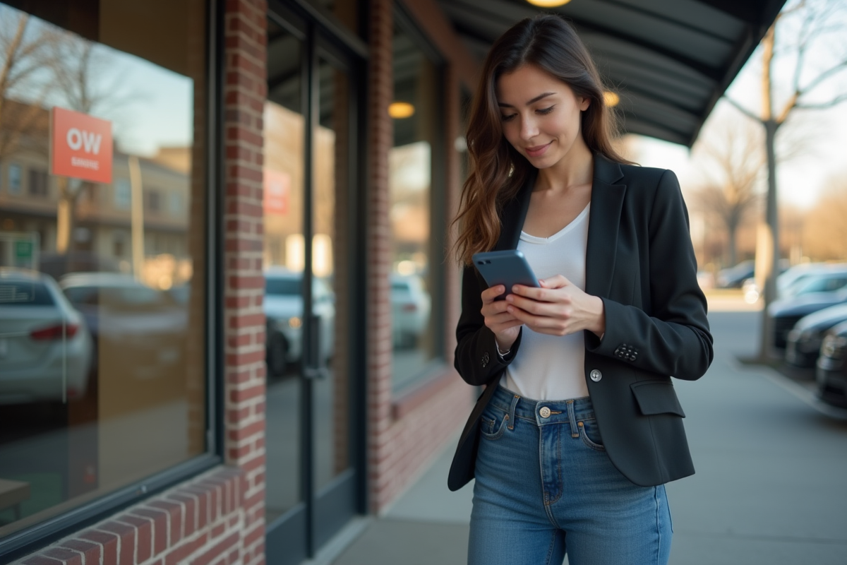 Jeune femme regardant son smartphone devant une banque