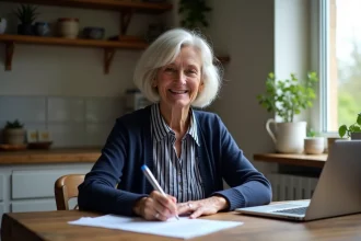 Femme bretonne souriante remplissant un sondage à la maison