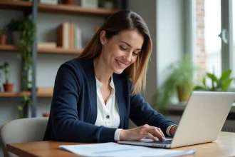 Femme souriante travaillant sur un budget à la maison