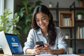 Femme au bureau utilisant son smartphone pour se connecter à PayPal