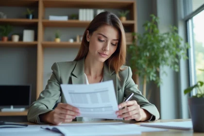 Femme professionnelle examinant ses fiches de salaire au bureau