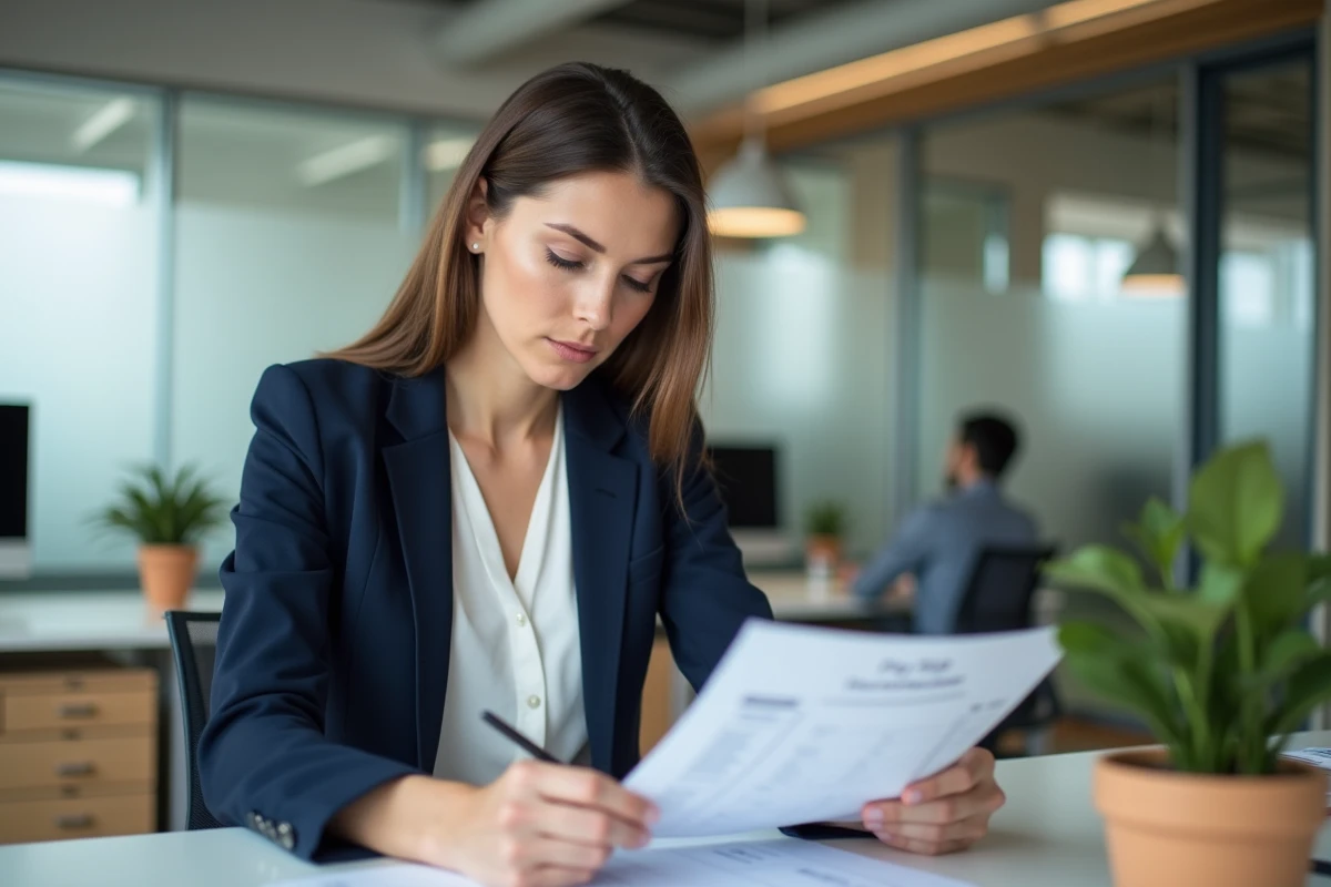Femme cadre analysant sa fiche de paie dans un bureau moderne, illustrant le calcul du salaire net à partir d'un brut de 2300 euros