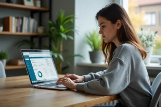Femme concentrée utilisant un ordinateur dans un salon moderne