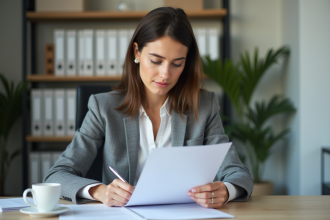Jeune femme au bureau organisée et concentrée