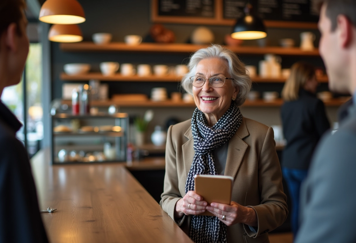 Femme retraitée souriante dans un café animé