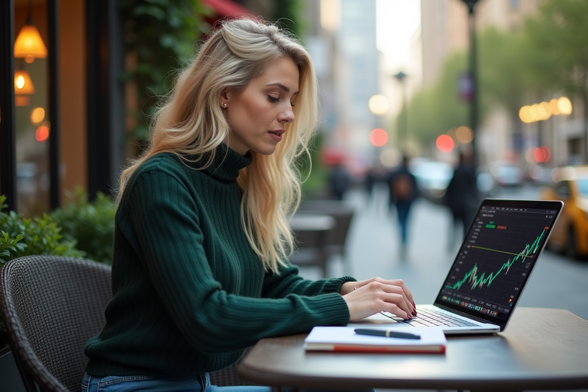 Femme au café consulte des graphiques ETF sur son ordinateur portable