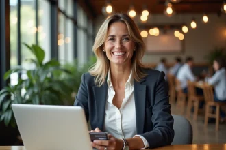 Femme souriante au café avec ordinateur et cartes bancaires