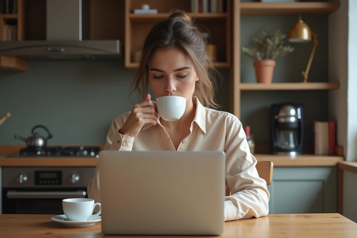 Jeune femme française lisant un article sur un ordinateur