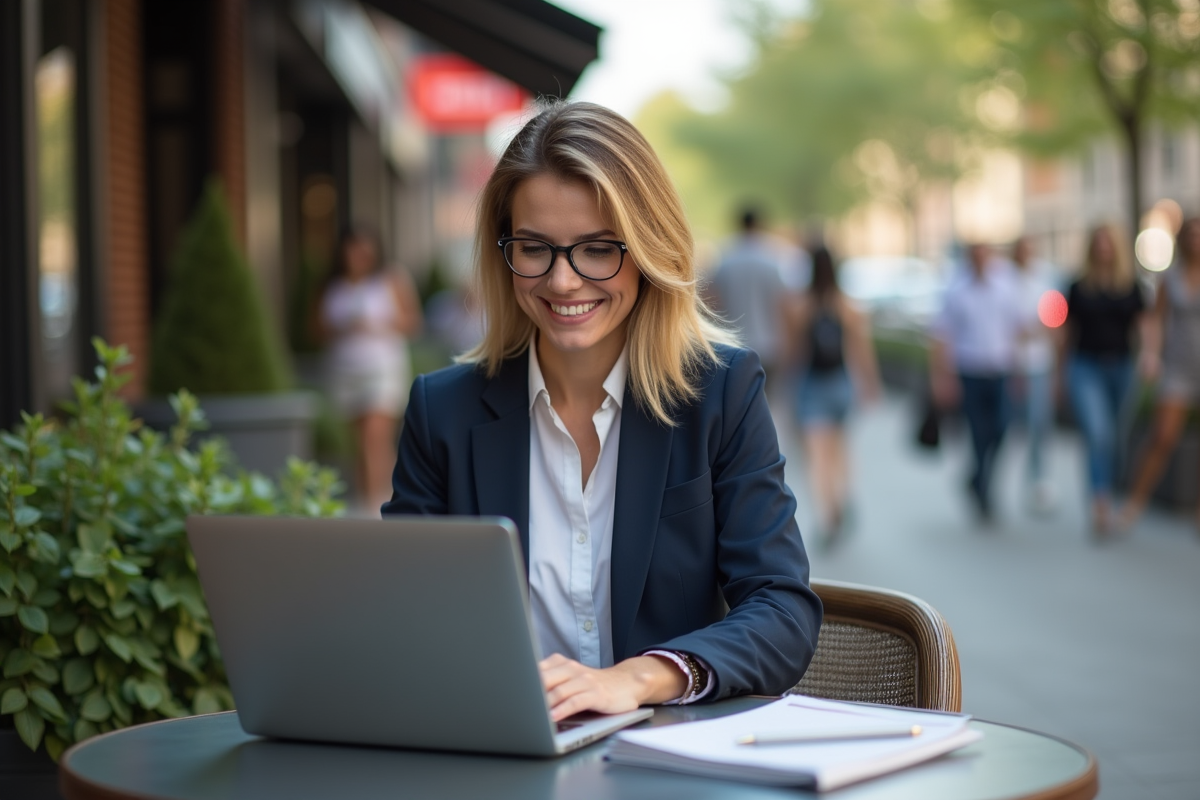 Femme souriante en terrasse de café travaille sur son ordinateur portable