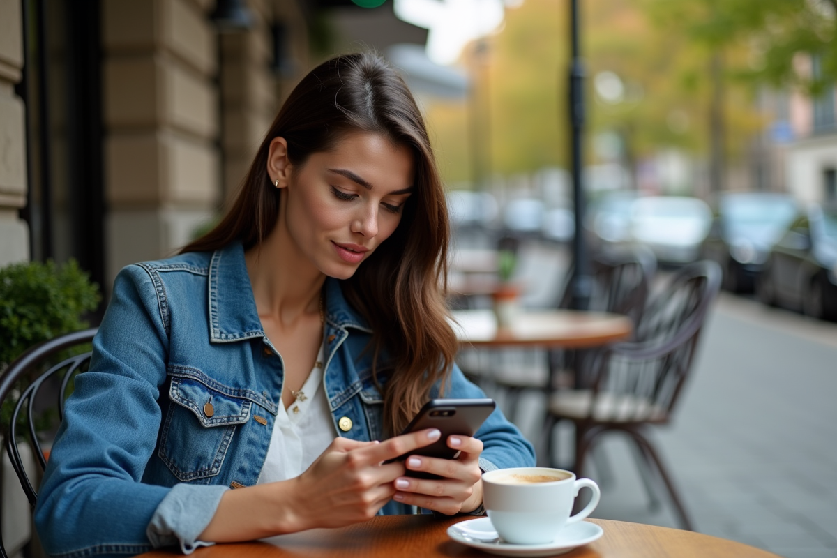 Femme utilisant son smartphone pour entrer une passphrase en extérieur