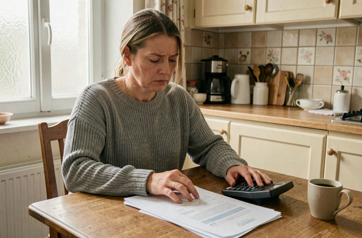 Femme consultant des documents de calcul de chômage et une calculatrice à une table de cuisine