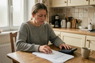 Femme consultant des documents de calcul de chômage et une calculatrice à une table de cuisine