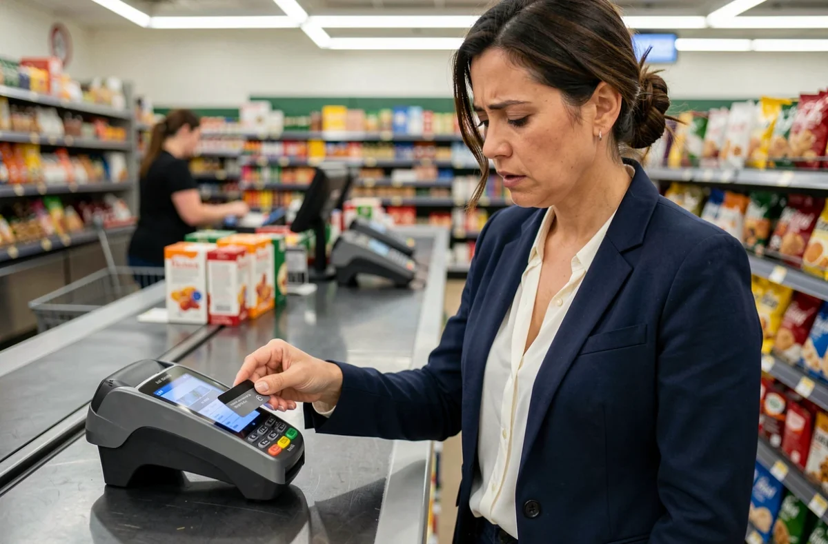 Femme tentant de payer par carte bancaire à la caisse d'un supermarché avec un terminal de paiement