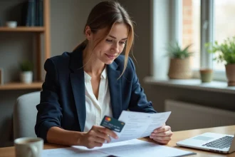 Femme consultant son relevé bancaire et sa carte Mastercard Crédit Agricole à son bureau à domicile