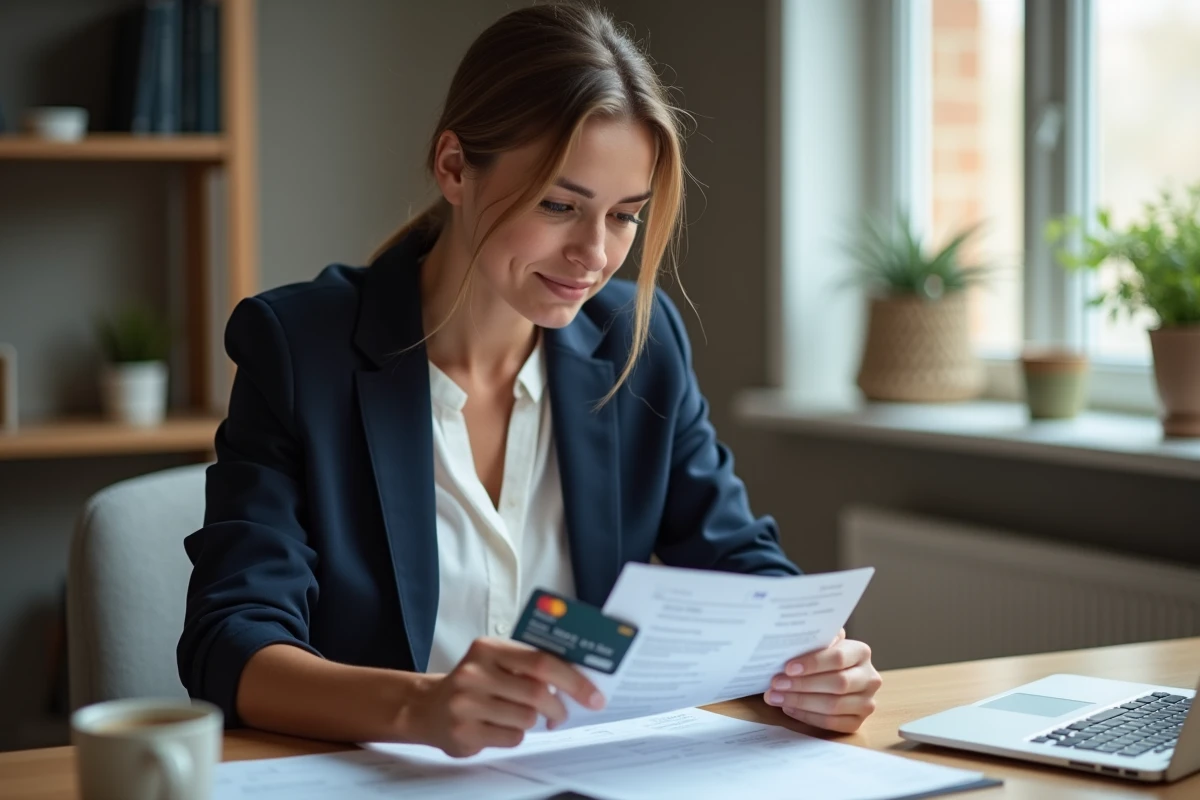 Femme consultant son relevé bancaire et sa carte Mastercard Crédit Agricole à son bureau à domicile