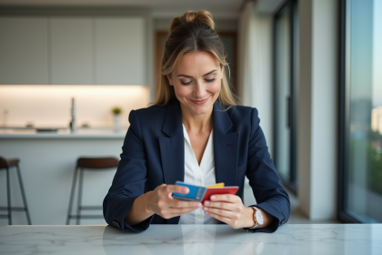 Femme élégante examinant des cartes de crédit dans une cuisine moderne