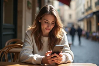 Femme assise au café utilisant son smartphone pour un appel international