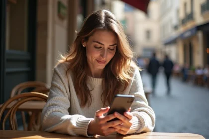 Femme assise au café utilisant son smartphone pour un appel international