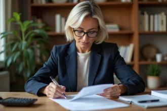 Femme consultant un contrat d'assurance vie à son bureau avec des documents financiers et une calculatrice