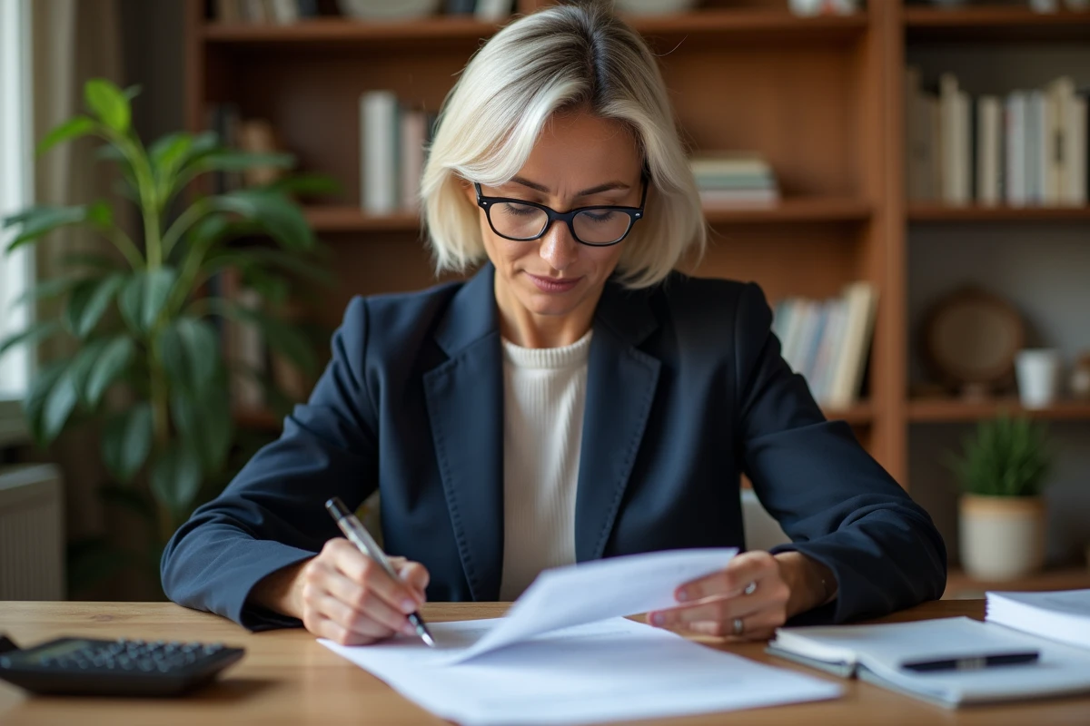 Femme consultant un contrat d'assurance vie à son bureau avec des documents financiers et une calculatrice