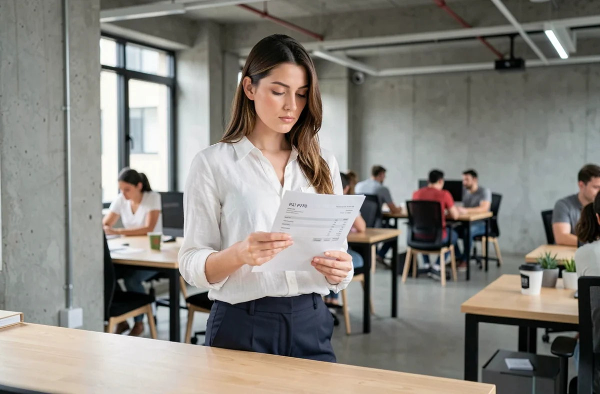Jeune femme en espace de coworking examinant une fiche de paie pour calculer ses droits au chômage