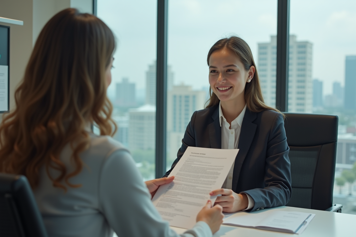 Jeune femme remettant des documents à un conseiller bancaire
