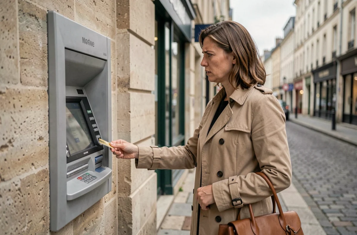 Femme frustrée devant un distributeur automatique avec carte bancaire avalée, Banque Postale