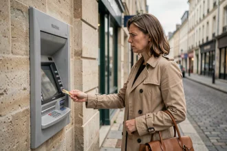 Femme frustrée devant un distributeur automatique avec carte bancaire avalée, Banque Postale