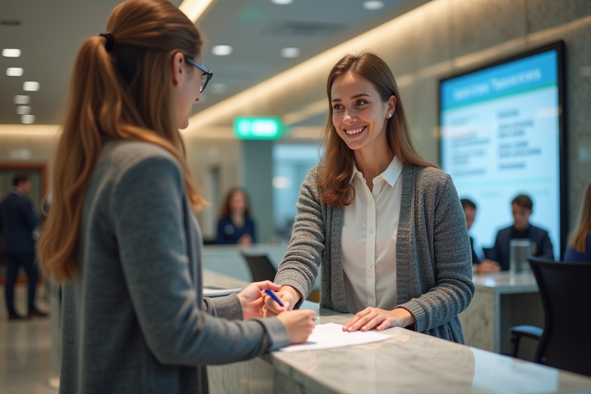Femme remettant des documents à un caissier dans une banque moderne