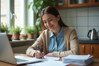 Femme en train de remplir des documents dans une cuisine chaleureuse