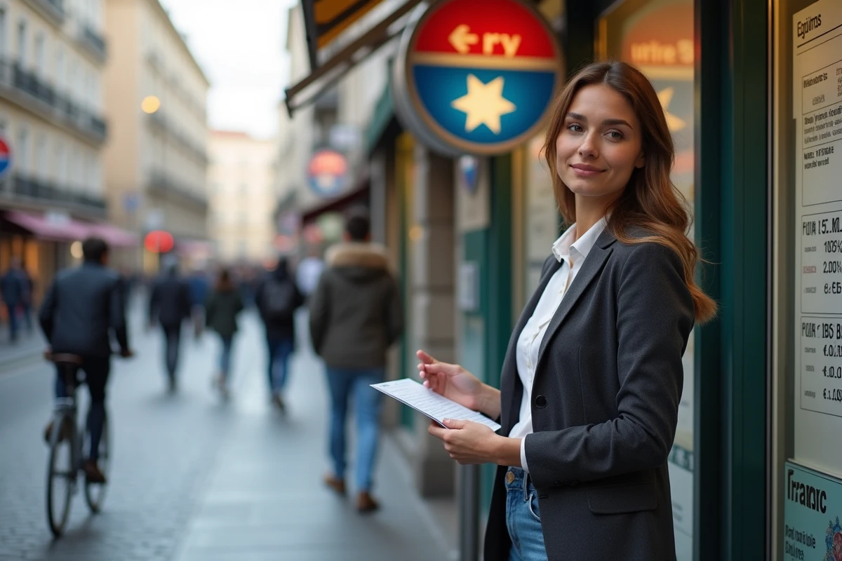 Jeune femme regardant un tableau de conversion monétaire en rue