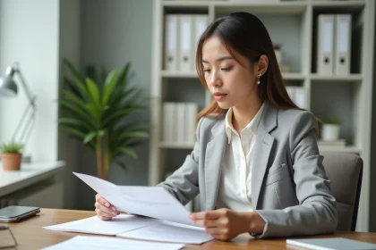 Femme entrepreneur en train de consulter des documents administratifs pour créer sa micro-entreprise en 2026