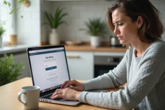 Femme frustrée devant un écran d'ordinateur affichant une erreur de connexion bancaire en ligne