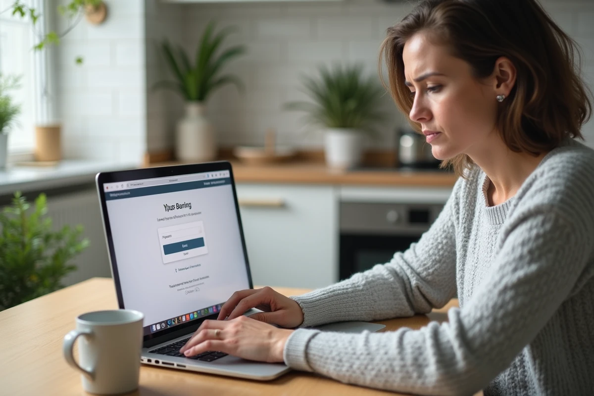 Femme frustrée devant un écran d'ordinateur affichant une erreur de connexion bancaire en ligne
