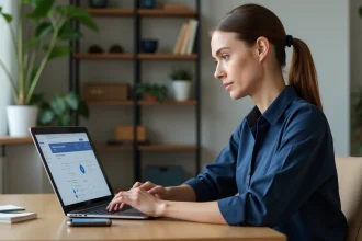 Femme paramétrant son espace client bancaire sur un ordinateur portable à son bureau à domicile