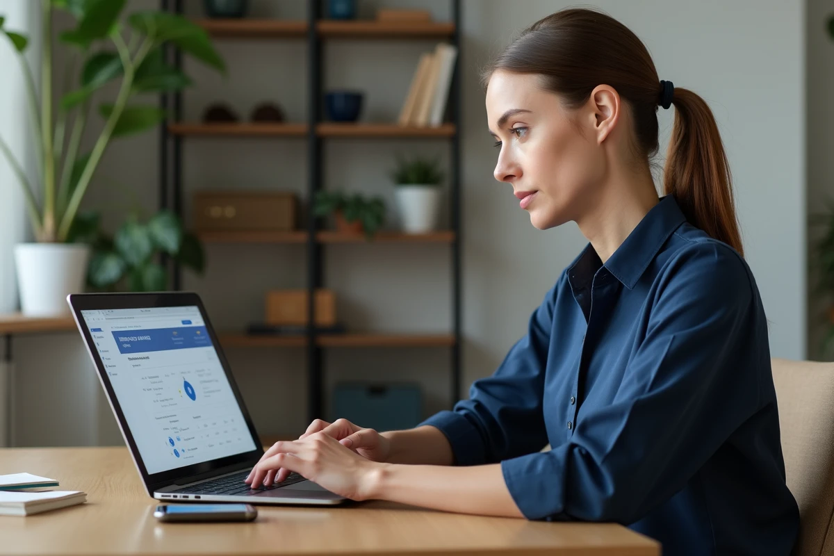 Femme paramétrant son espace client bancaire sur un ordinateur portable à son bureau à domicile